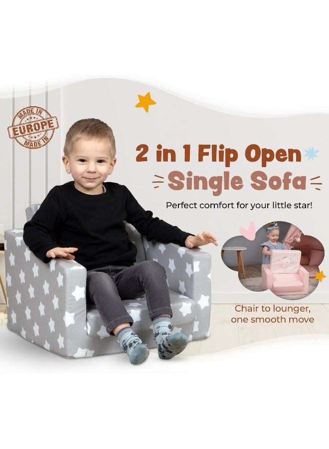Delsit Kids Couch for Toddlers - 2 in 1 Convertible Foam Armchair to Lounger, Gray with Stars - Image 4