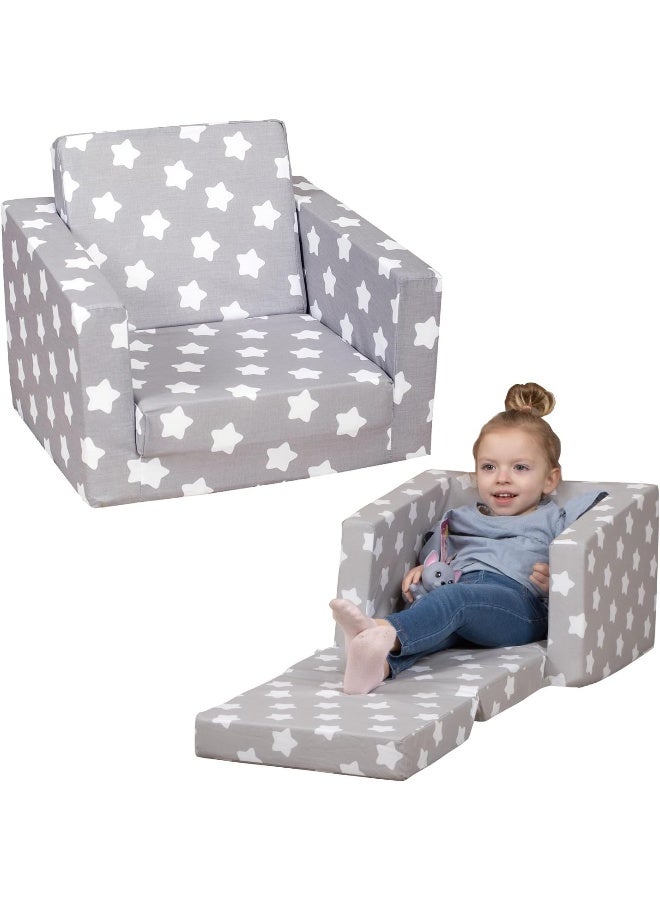 Delsit Kids Couch for Toddlers - 2 in 1 Convertible Foam Armchair to Lounger, Gray with Stars - Image 1