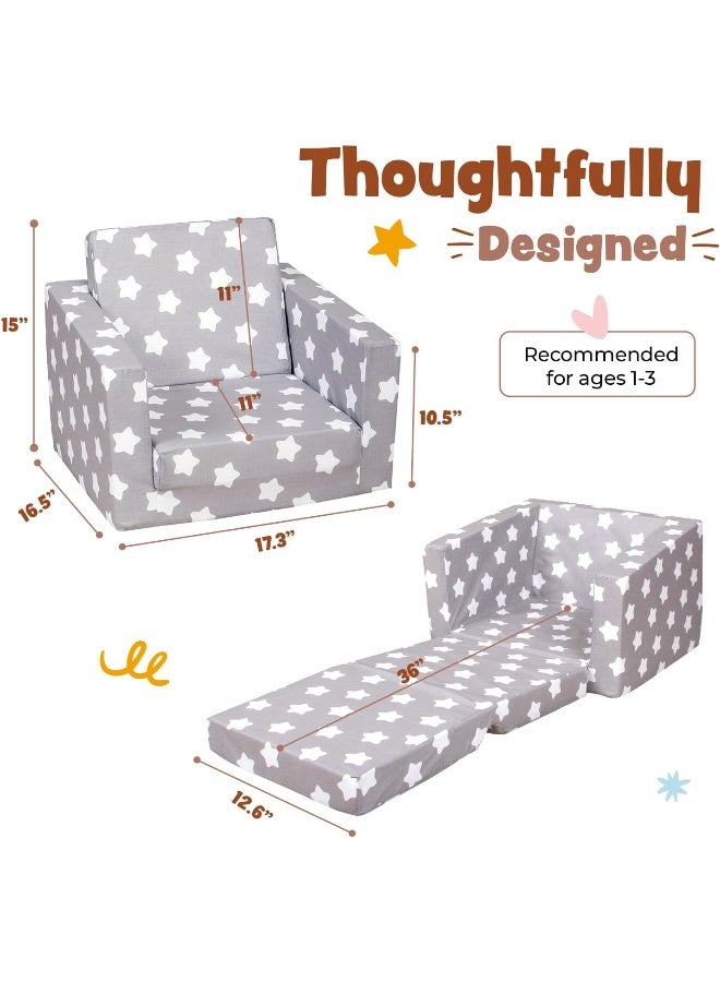 Delsit Kids Couch for Toddlers - 2 in 1 Convertible Foam Armchair to Lounger, Gray with Stars - Image 3