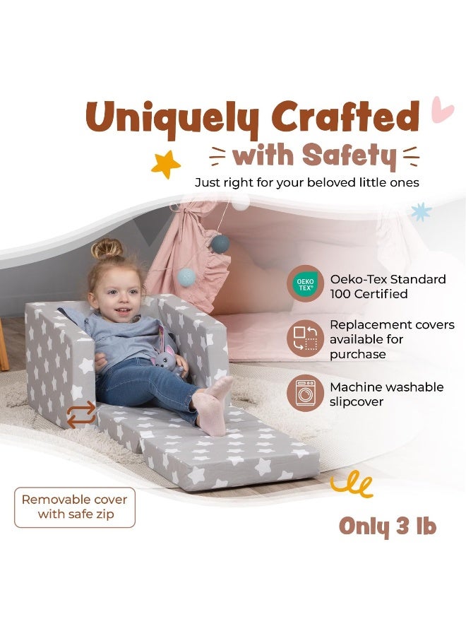 Delsit Kids Couch for Toddlers - 2 in 1 Convertible Foam Armchair to Lounger, Gray with Stars - Image 5