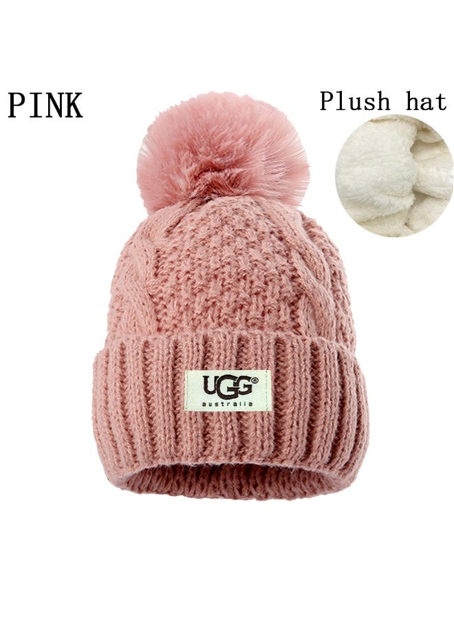 UGG Cozy Pink Knit Pom-Pom Beanie with Plush Lining - Soft Winter Warm Hat 596Size