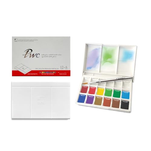 PWC SHINHAN Extra Fine Watercolor Half Pan 12 Colors + 6 Wells Set with travel brush - Image 1