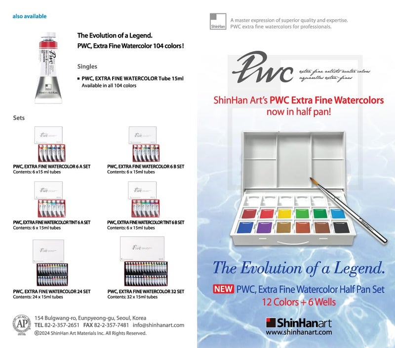 PWC SHINHAN Extra Fine Watercolor Half Pan 12 Colors + 6 Wells Set with travel brush - Image 2