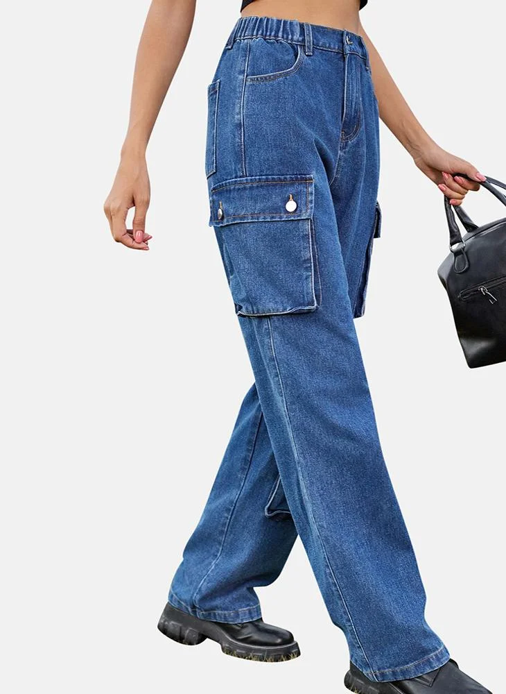 YUNIQEE Blue Regular Fit Mid Rise Ankle Plain Cargo Pant