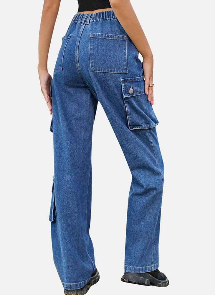 YUNIQEE Blue Regular Fit Mid Rise Ankle Plain Cargo Pant