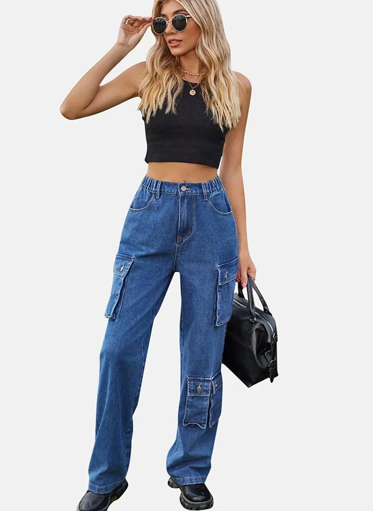 YUNIQEE Blue Regular Fit Mid Rise Ankle Plain Cargo Pant