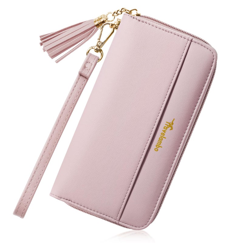Travelambo Womens Wallet Tassel Bifold Ladies Clutch Wristlet Wrist strap Long Purse (Access Pink Lotus) - Image 1