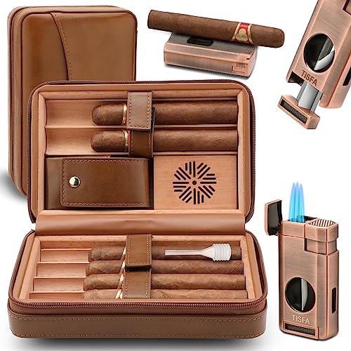 TISFA Cigar Humidor, Leather Cedar Wood Cigar Case with Cigar Lighter, V Cut Cigar Cutter, Cigar Holder 3 in 1, Portable Travel Cigar Humidor Box with Humidifier (Brown) - Image 1