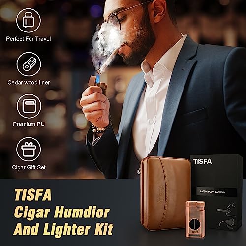 TISFA Cigar Humidor, Leather Cedar Wood Cigar Case with Cigar Lighter, V Cut Cigar Cutter, Cigar Holder 3 in 1, Portable Travel Cigar Humidor Box with Humidifier (Brown) - Image 4