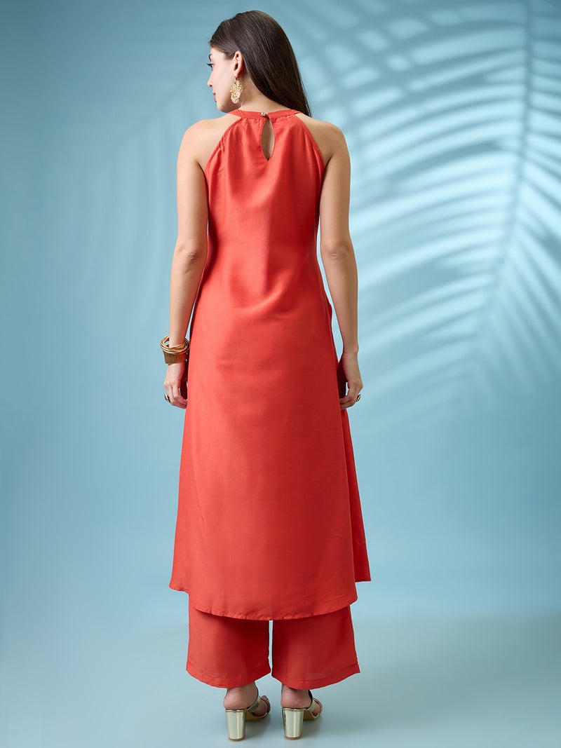 globus Globus Women Orange Floral Embroidered Yoke Halter Neck A-Line Kurta With Straight Pants Festive Set  - Image 3