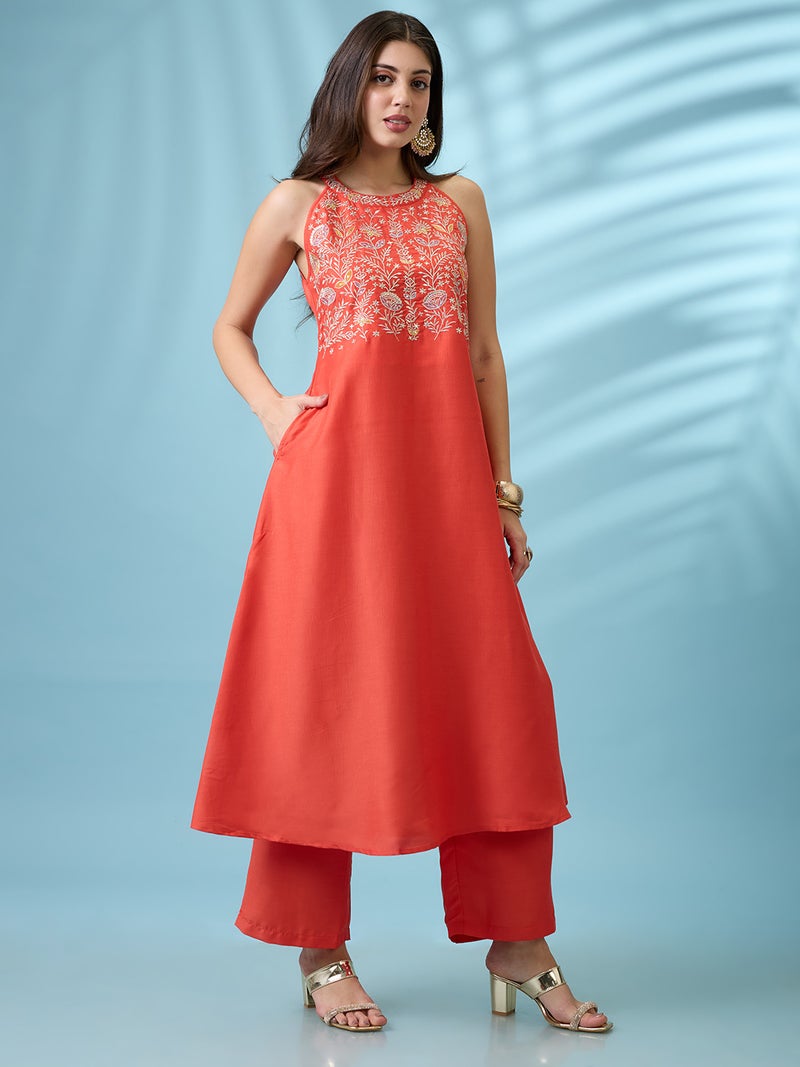 globus Globus Women Orange Floral Embroidered Yoke Halter Neck A-Line Kurta With Straight Pants Festive Set  - Image 2