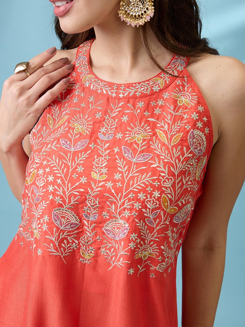 globus Globus Women Orange Floral Embroidered Yoke Halter Neck A-Line Kurta With Straight Pants Festive Set  - Image 4