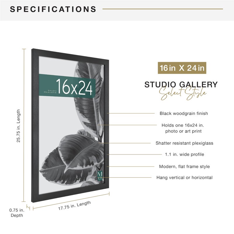 MCS Studio Gallery 16x24 Poster Frame Black Woodgrain Engineered Wood, Vertical & Horizontal Wall Hanging Large Picture Frame for Photos, Posters & Art Prints (1-Pack) - Image 4