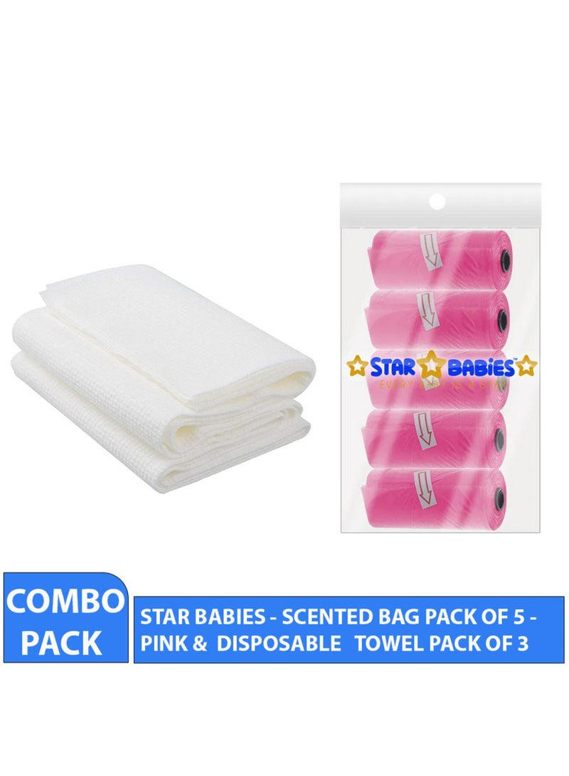 STAR BABiES Combo Pack Scented Bag Pack Of 5 With Dispsoable Towel Pack Of 3   Pink - Image 2