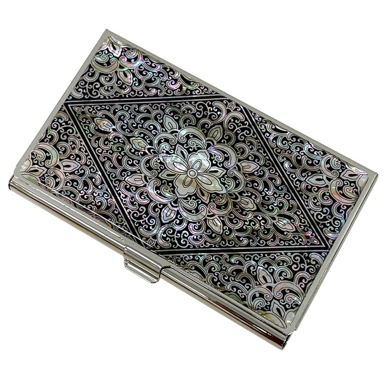 Nacreh Mother of Pearl Business Card Case Credit Id Name Holder Travel Wallet Art Painting Design Metal Stainless Steel Engraved Slim Purse Pocket Cash Money Wallet (Diamond Arabesque) - Image 3