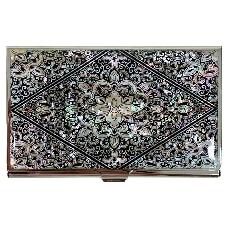Nacreh Mother of Pearl Business Card Case Credit Id Name Holder Travel Wallet Art Painting Design Metal Stainless Steel Engraved Slim Purse Pocket Cash Money Wallet (Diamond Arabesque) - Image 1