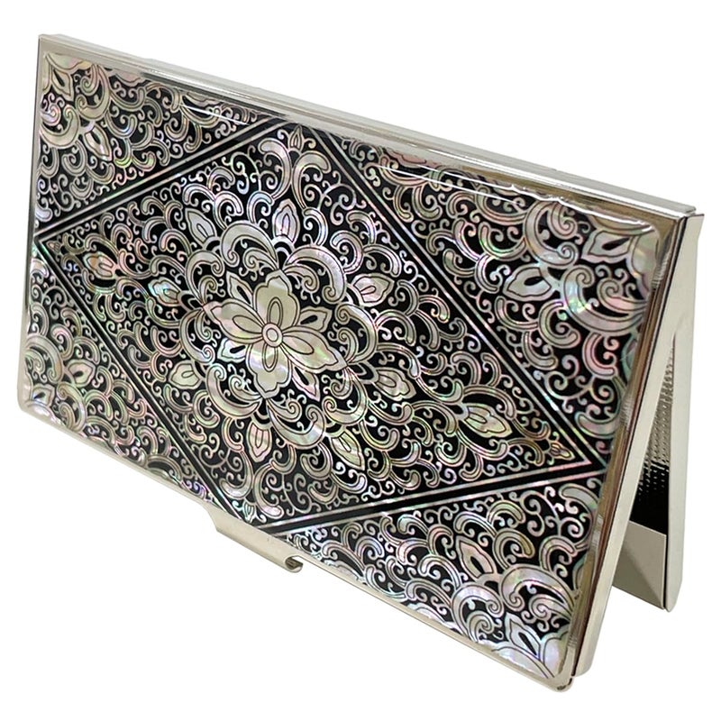 Nacreh Mother of Pearl Business Card Case Credit Id Name Holder Travel Wallet Art Painting Design Metal Stainless Steel Engraved Slim Purse Pocket Cash Money Wallet (Diamond Arabesque) - Image 4
