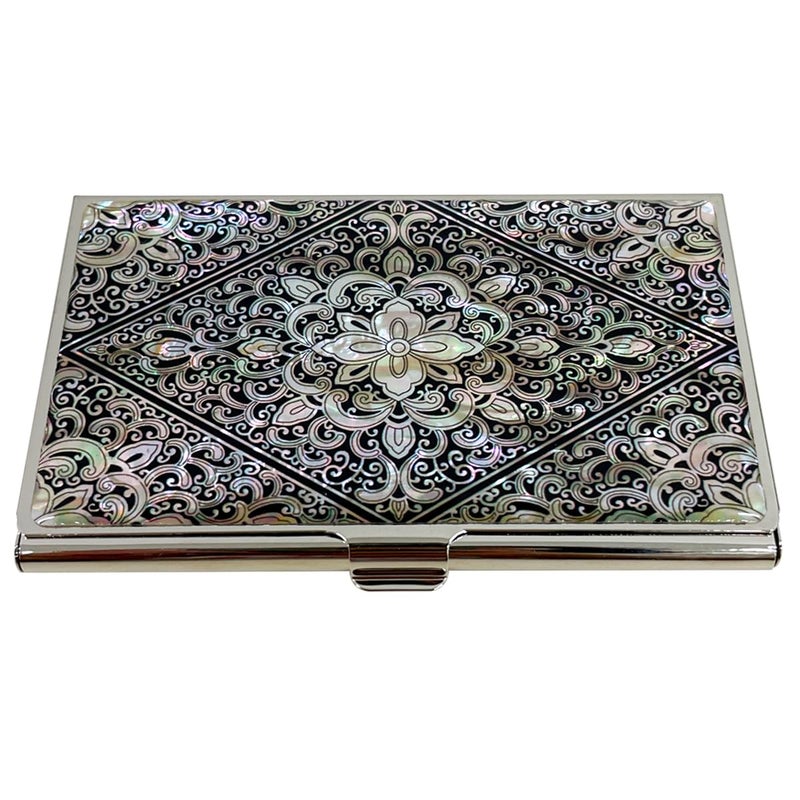 Nacreh Mother of Pearl Business Card Case Credit Id Name Holder Travel Wallet Art Painting Design Metal Stainless Steel Engraved Slim Purse Pocket Cash Money Wallet (Diamond Arabesque) - Image 2