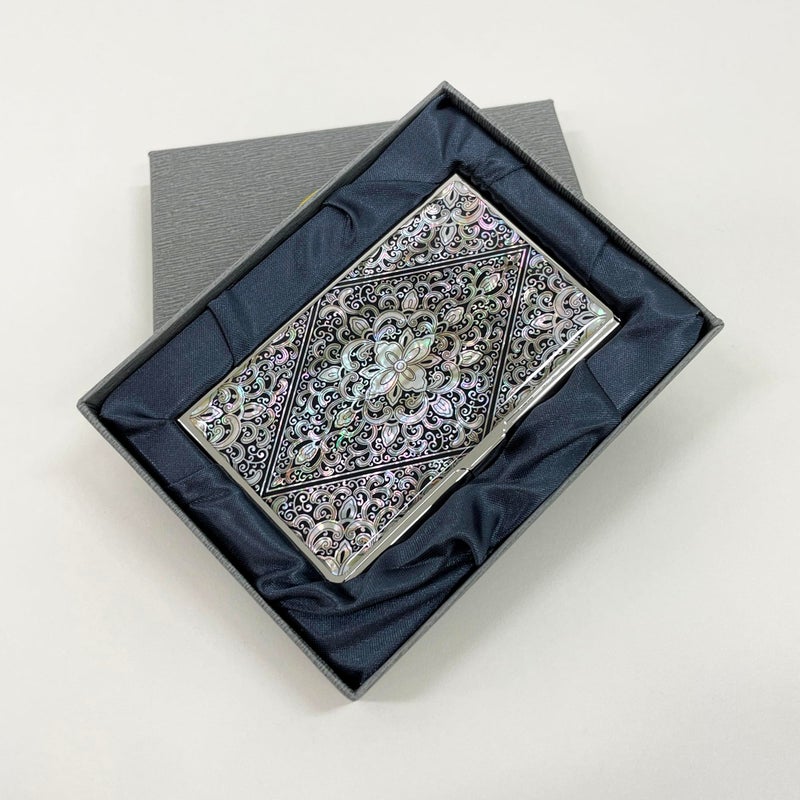 Nacreh Mother of Pearl Business Card Case Credit Id Name Holder Travel Wallet Art Painting Design Metal Stainless Steel Engraved Slim Purse Pocket Cash Money Wallet (Diamond Arabesque) - Image 5