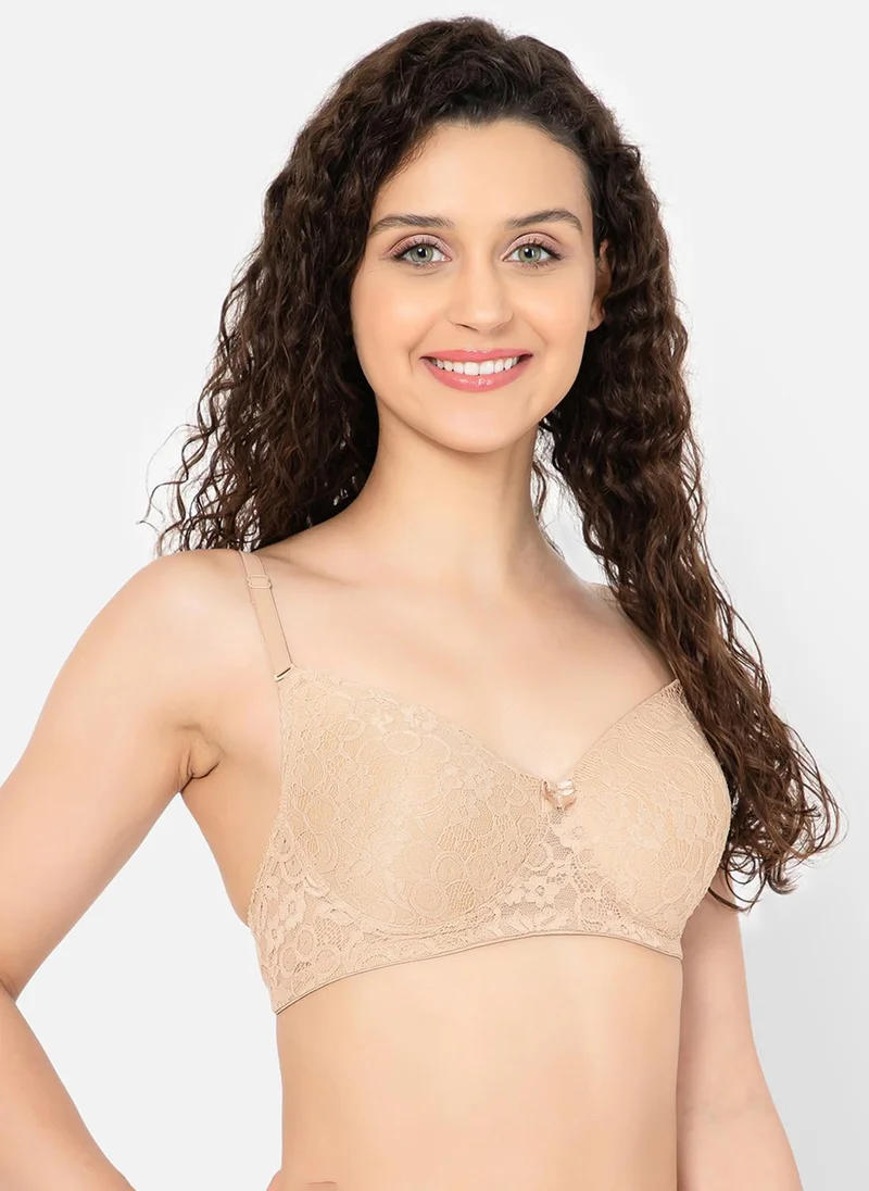 Clovia Clovia Padded Non-Wired Full Cup Multiway Bra in Cream Colour - Lace