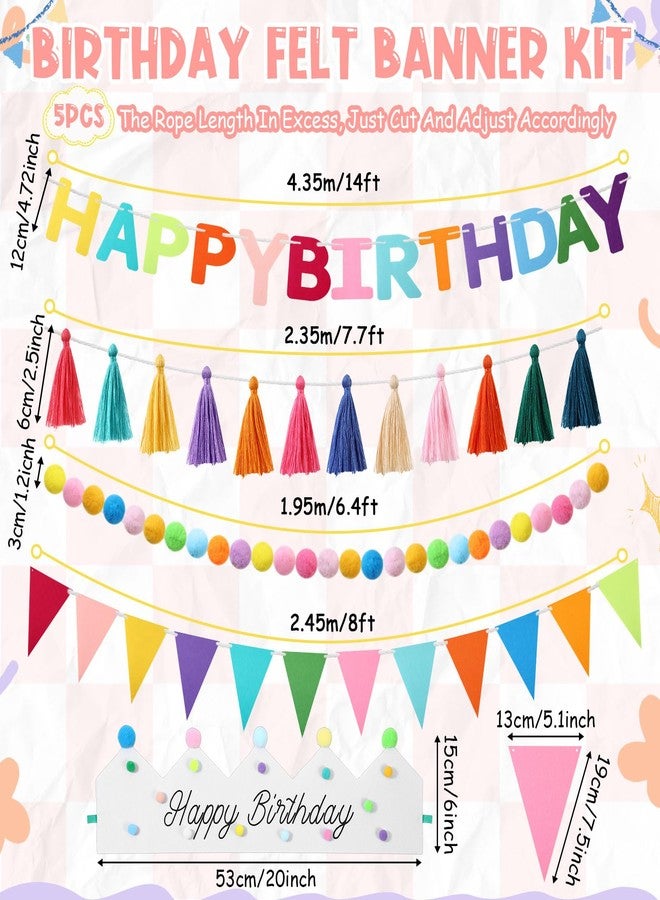 Mindsoft 5 Pcs Pre-Strung Happy Birthday Banner Felt Birthday Decorations Set with Ball Garland, Crown, Pennant Flag, Colorful Thread Tassel for Party Supplies Room Decor, Photo Prop - Image 2