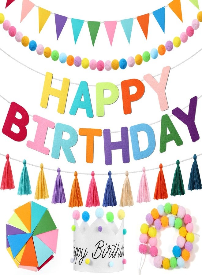 Mindsoft 5 Pcs Pre-Strung Happy Birthday Banner Felt Birthday Decorations Set with Ball Garland, Crown, Pennant Flag, Colorful Thread Tassel for Party Supplies Room Decor, Photo Prop - Image 1