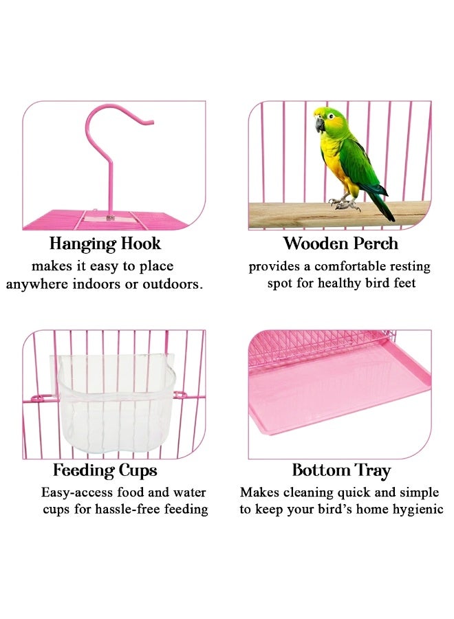 أن ان سي بيتس قفص طيور معلق للببغاوات الصغيرة والبادجي والعصافير، قفص معدني 45 سم مع مجاثم خشبية، معلف مزدوج، وصينية سفلية سهلة التنظيف، قفص طيور محمول للاستخدام الداخلي والخارجي (وردي) - Image 5