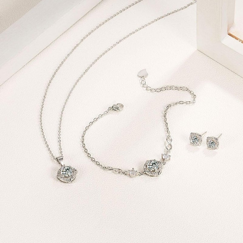 Excefore Jewelry Set for Women, Silver Chain Necklace Bracelet Earrings Set, Italian Four Leaf Clover Design Pendant, Jewelry Gifts for Birthday Anniversary Day Wedding, for Girl Mom Wife Friend - Image 4