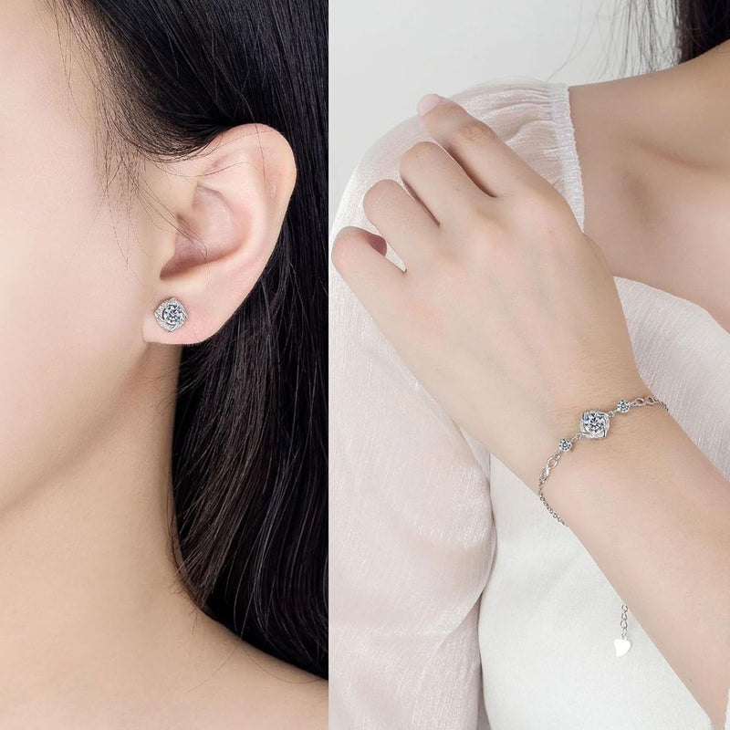 Excefore Jewelry Set for Women, Silver Chain Necklace Bracelet Earrings Set, Italian Four Leaf Clover Design Pendant, Jewelry Gifts for Birthday Anniversary Day Wedding, for Girl Mom Wife Friend - Image 3