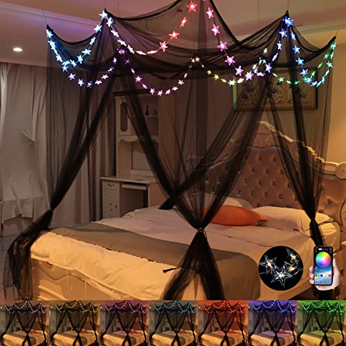 Comtelek Bed Canopy with LED Star Lights, Canopy Bed Curtain with RGB Color Changing String Lights with Smart App Control Remote for Princess Girls Bedroom, Suggested for Twin Full Queen King Bed - Image 1