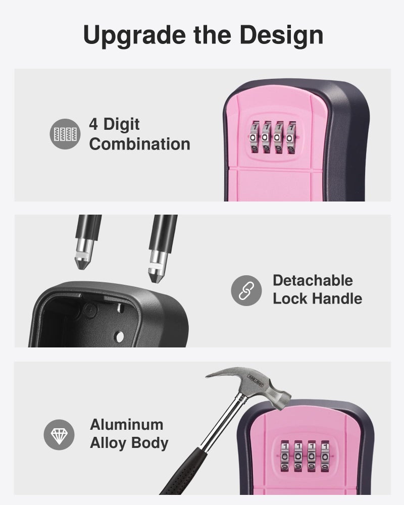 Puroma Key Lock Box, Portable Combination Lockbox Wall-Mounted Key Storage Box for House Keys, Resettable Code Safe Security Lock Box for Home, Office, Apartment Spare Key Storage (1 Pack, Pink) - Image 4