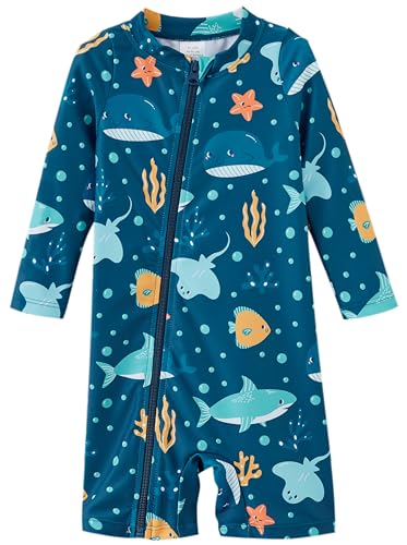 UMELOK Baby Boy Swimwear Infant Bathing Suit Rash Guard Swimwear UPF 50+ Sun Protection Swimsuit Rashguard Sunsuit Navy blue, Marine animals-12-18M - Image 1