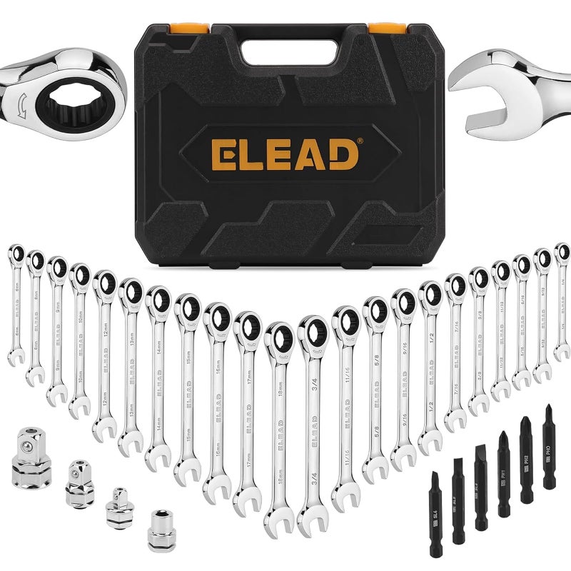 ELEAD 33Piece Combination Ratchet Wrench Set SAE Metric Sizes 14 to 34 618mm 72Tooth Gear Design CRV Steel Organizer Carry Case Ideal for Mechanics DIY