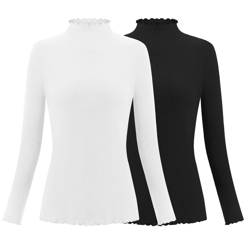 Herou 2 Pack Mock Neck Tops for Women Ribbed Lettuce Trim Long Sleeve Undershirt Turtleneck Basic Layer Tops Winter Stretch Basic T Shirt Black, White X-Large - Image 1