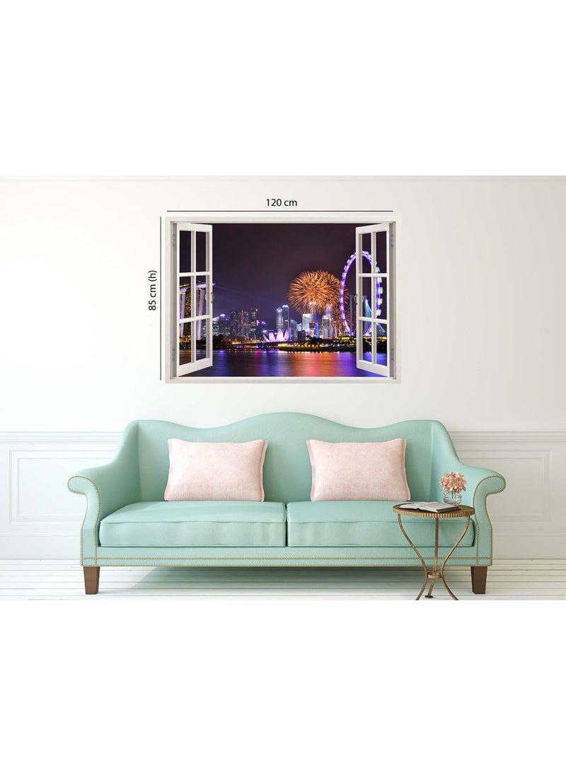 Tilki Dünyası - Fox World Night and City View from the Window, Wall Sticker, 3D White Window Sticker - Image 1