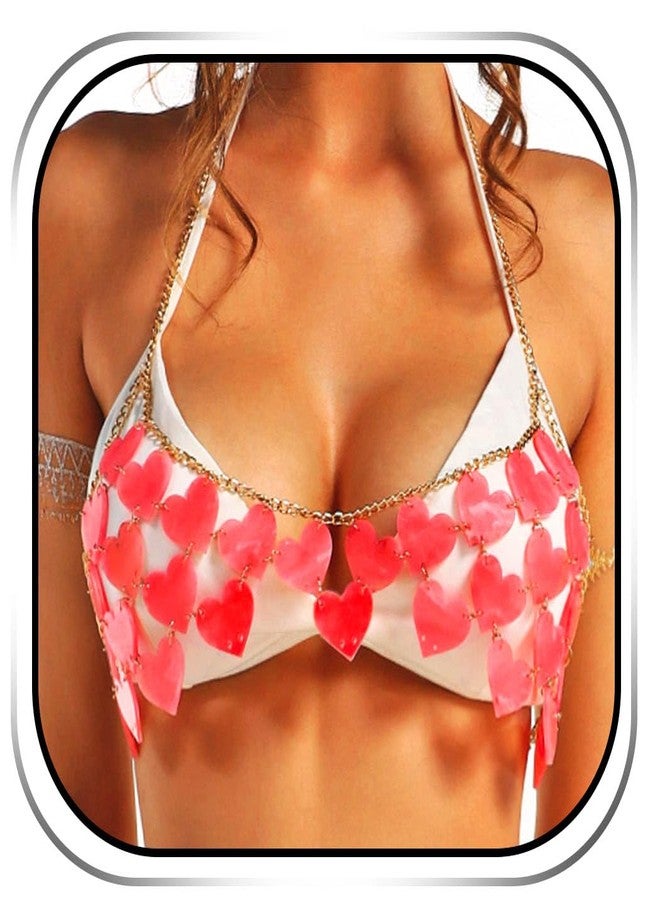 REETAN Heart Valentine's Day Bra Chain Sequin Pink Rave Body Accessories for Women - Image 1
