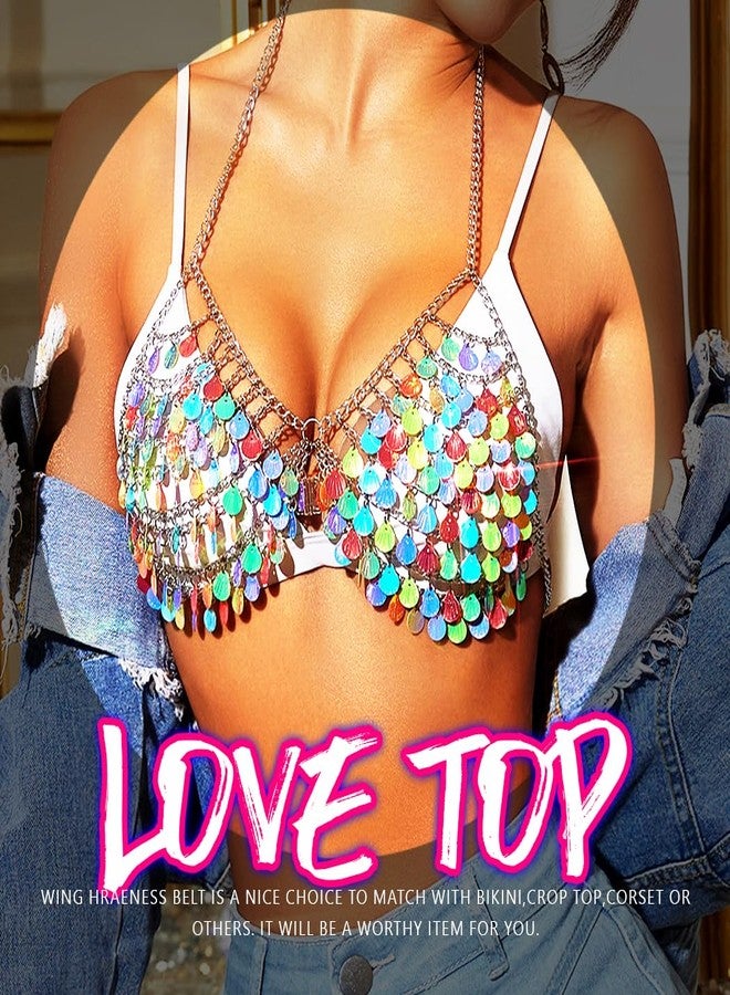 REETAN Heart Valentine's Day Bra Chain Sequin Pink Rave Body Accessories for Women - Image 5