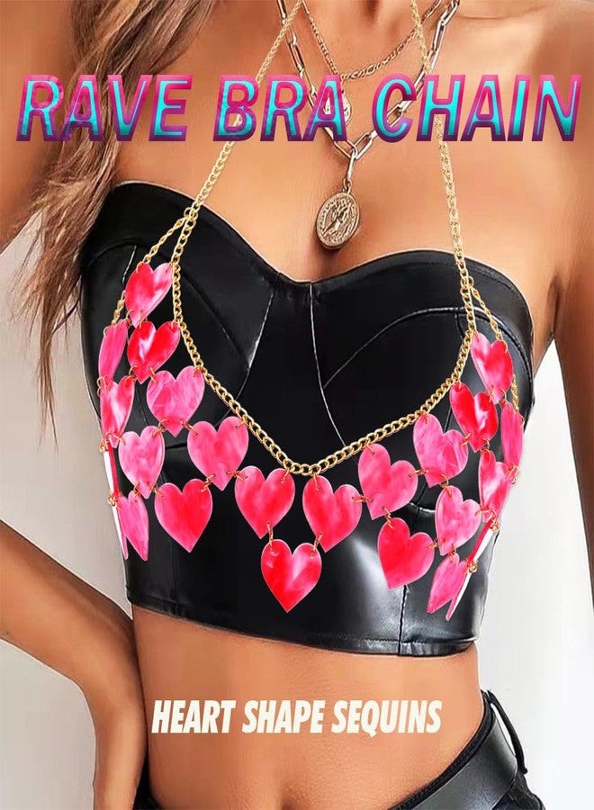 REETAN Heart Valentine's Day Bra Chain Sequin Pink Rave Body Accessories for Women - Image 3