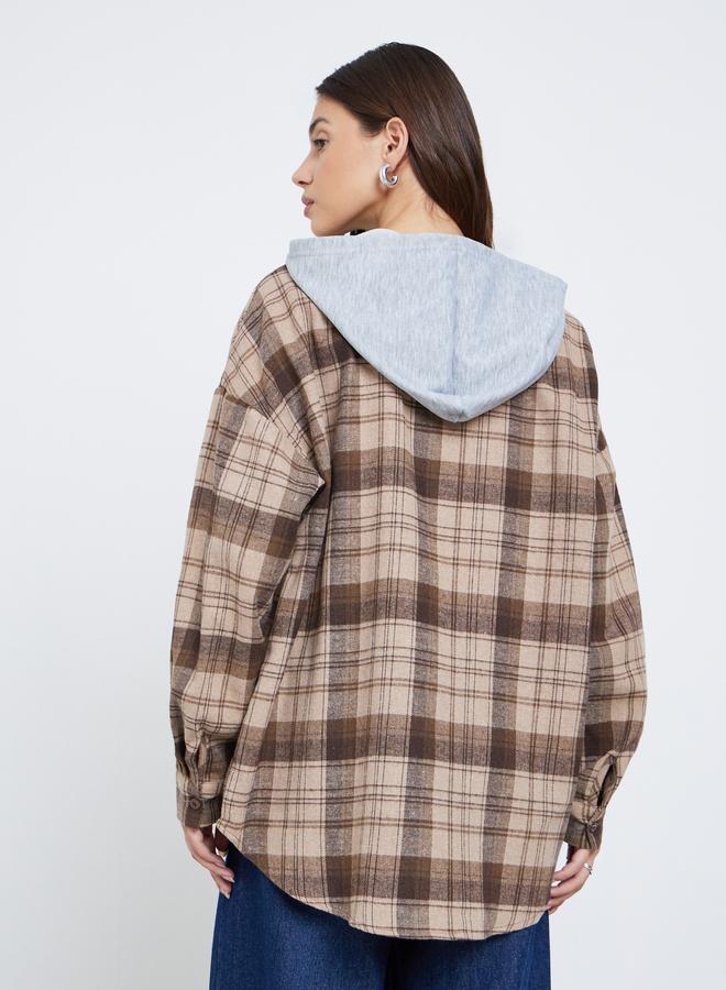 ستايلي جاكيت قميص واسع من الفلانيل بنقشة مربعات وغطاء رأس - Image 5