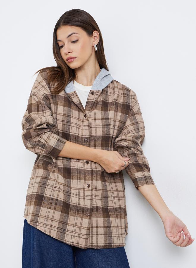 ستايلي جاكيت قميص واسع من الفلانيل بنقشة مربعات وغطاء رأس - Image 3