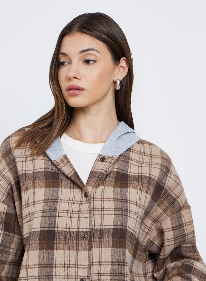 ستايلي جاكيت قميص واسع من الفلانيل بنقشة مربعات وغطاء رأس - Image 4