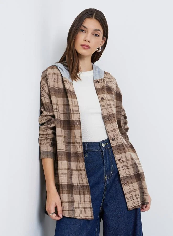 Styli Styli Brown Plaid Flannel Oversized Shacket with Hood