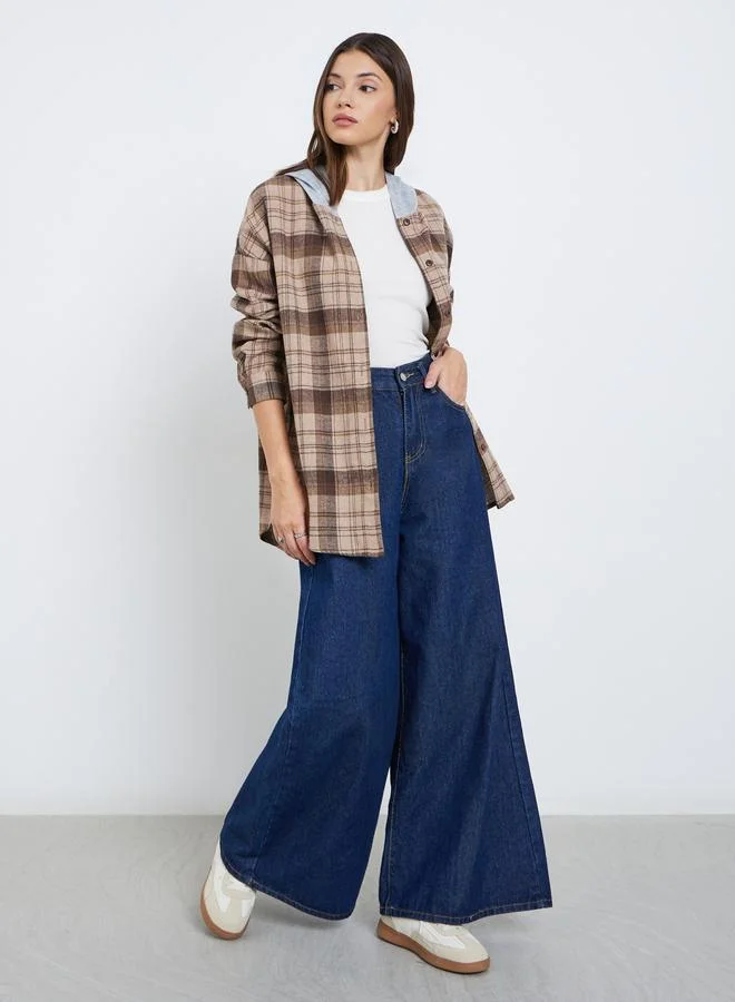 Styli Styli Brown Plaid Flannel Oversized Shacket with Hood