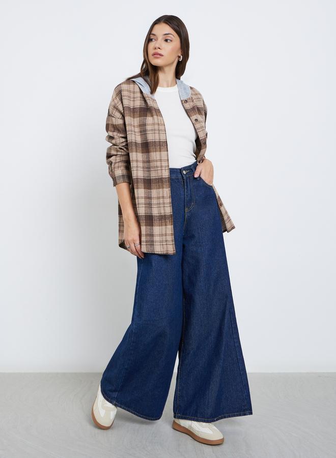 ستايلي جاكيت قميص واسع من الفلانيل بنقشة مربعات وغطاء رأس - Image 2