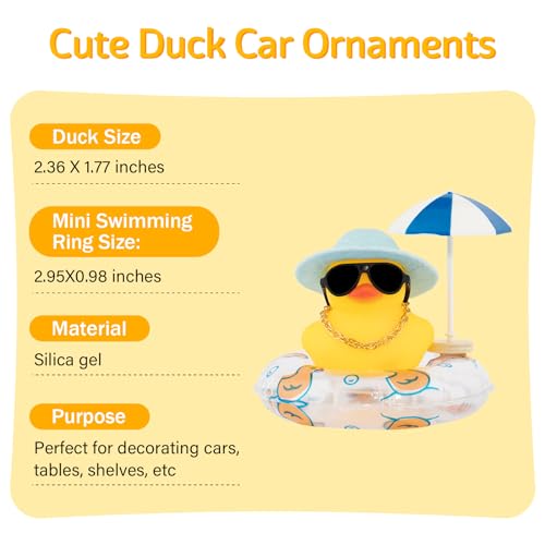 wonuu Rubber Duck Car Ornaments Dashboard Decorations for Cute Accessories with Straw Hat Necklace Sun Umbrella and Sunglasses Blue - Image 3