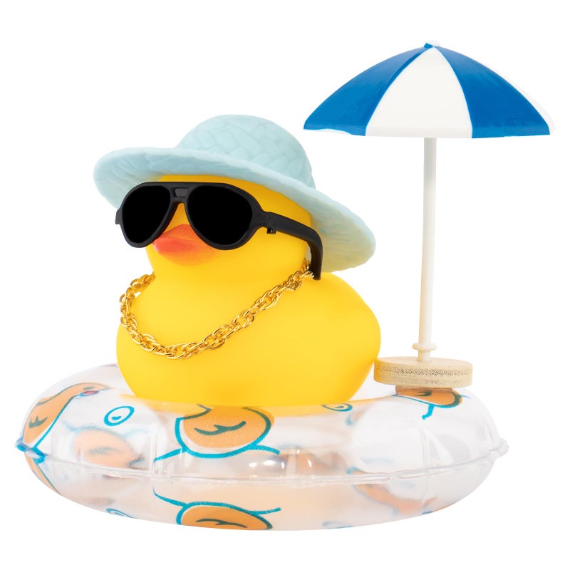 wonuu Rubber Duck Car Ornaments Dashboard Decorations for Cute Accessories with Straw Hat Necklace Sun Umbrella and Sunglasses Blue - Image 2