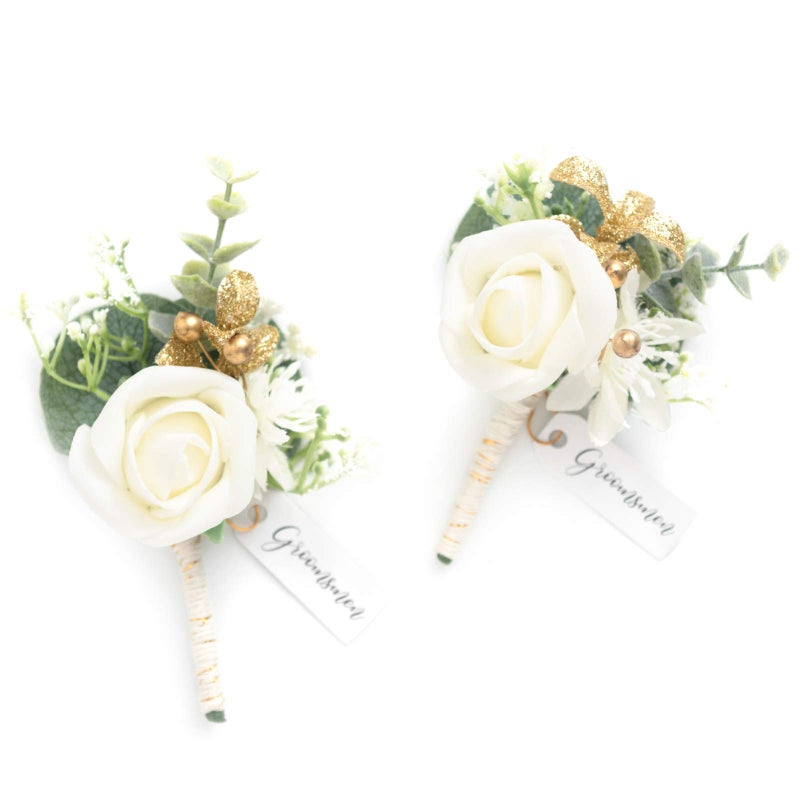 Ling's moment Ling's Moment Ivory&Greenery Eucalyptus Boutonniere for Men Wedding with Pins,Set of 2,Groom and Groomsmen Boutonniere  - Image 1