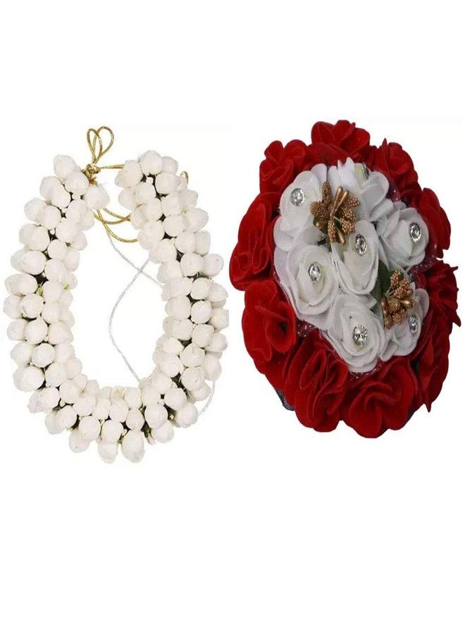 إكسسوارات Maahal™ Hair Bun Gajra وFull Juda Bun Gajra للنساء (أبيض وأحمر، Pack-02)