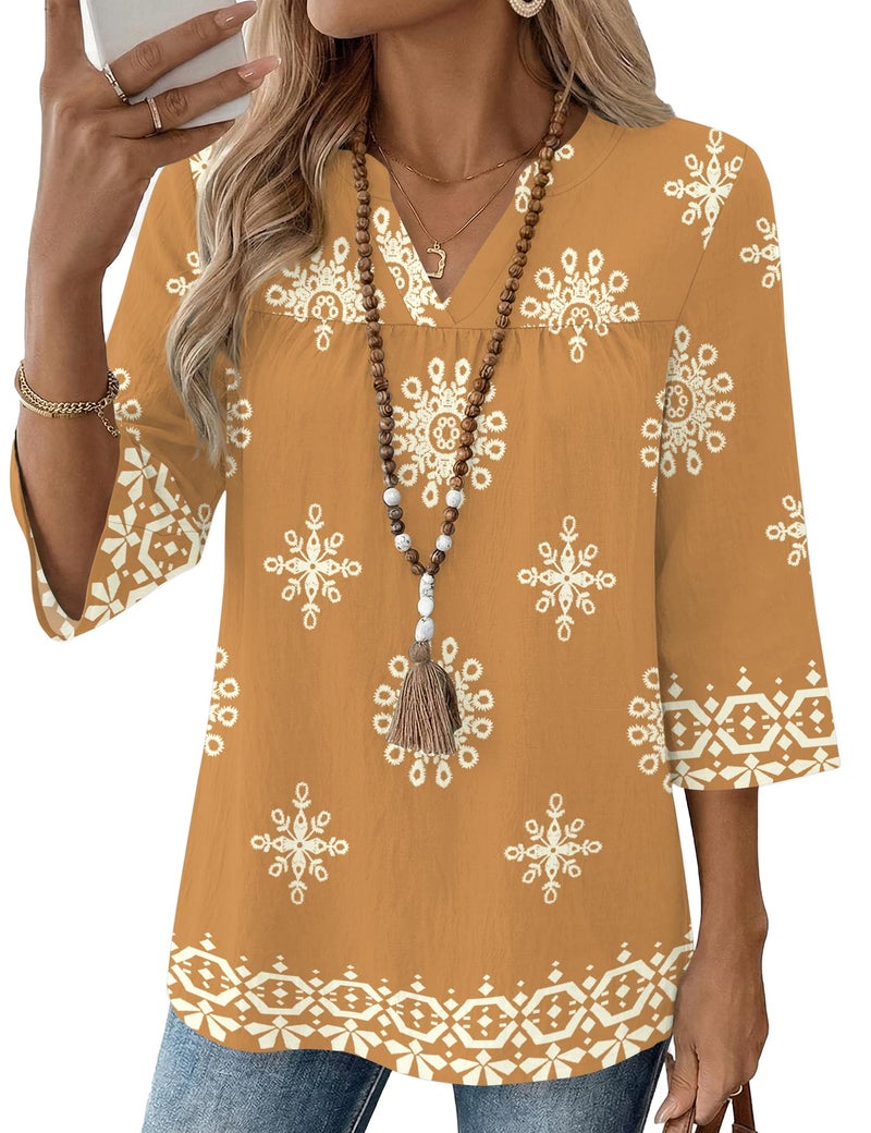 Rapbin Cute Tops for Women 3/4 Sleeve Summer Outfits for Women 2026 V Neck Womens Business Casual Clothing Spring Break Tops Boho Khaki M - Image 1