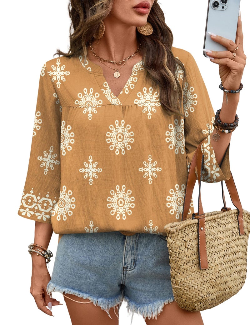 Rapbin Cute Tops for Women 3/4 Sleeve Summer Outfits for Women 2026 V Neck Womens Business Casual Clothing Spring Break Tops Boho Khaki M - Image 2